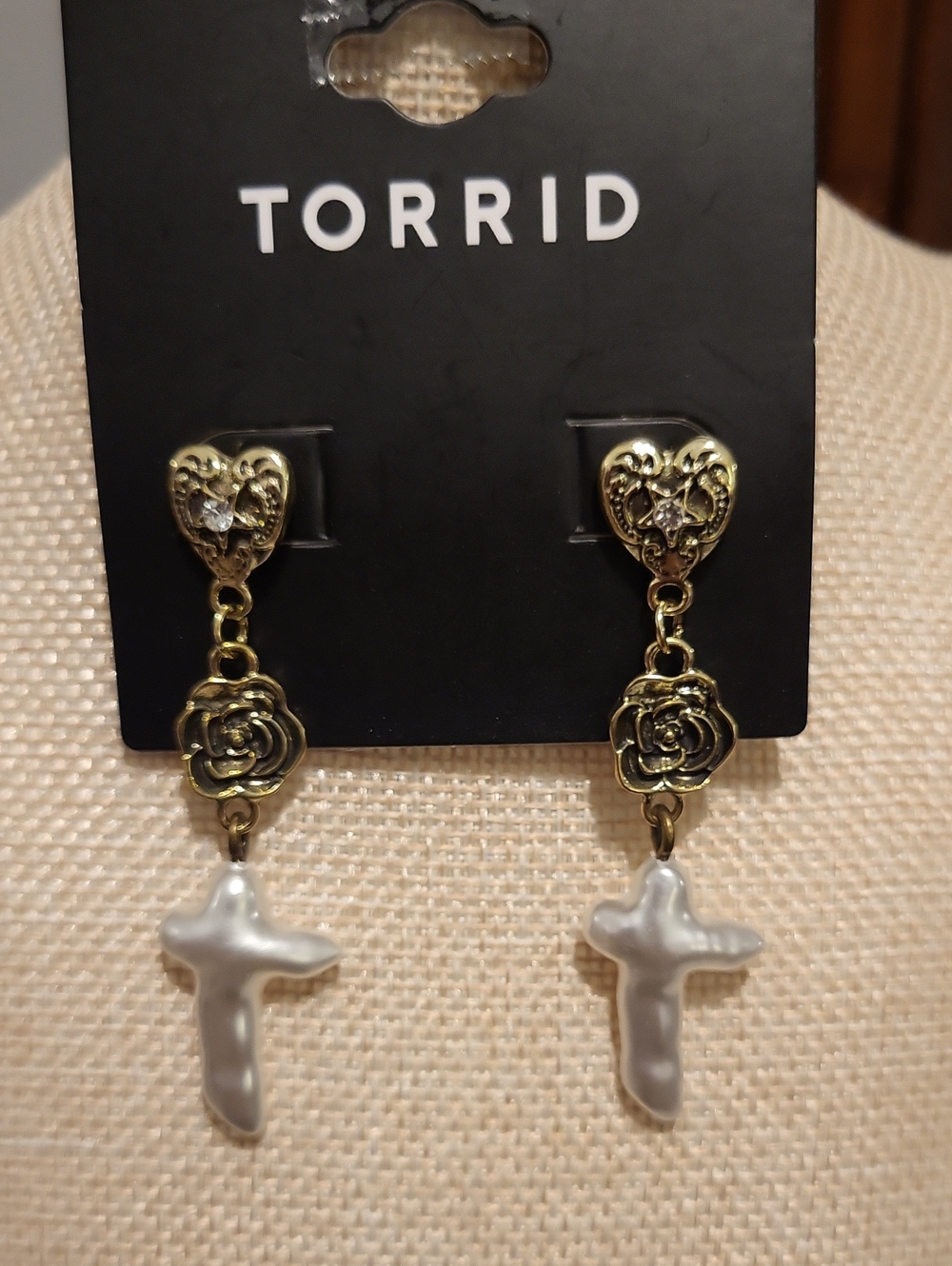 torrid Gold-Tone Rose & Pearl Cross Drop Earrings